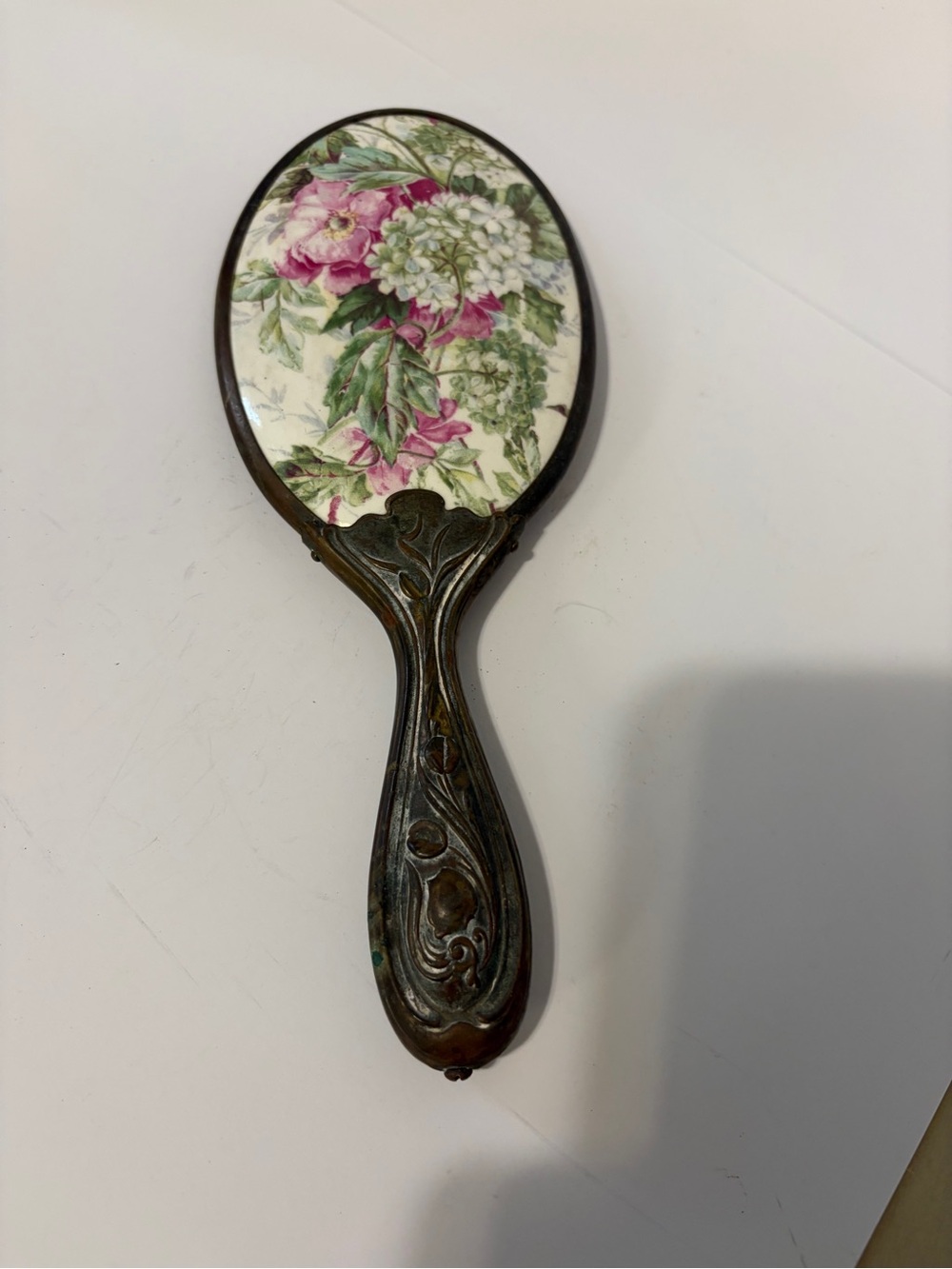 Victorian Porcelain Floral Hand Painted Mirror in Pink and Green Vintage